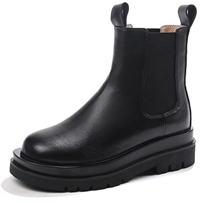 Donna Stivali Chelsea Platform Chunky Autunno Inverno Elastico Stivaletti Pelle Casual Antiscivolo Moda Combat Scarpe Nero 37