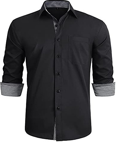 HISDERN Men Black Fromal Dress Shirts Long Sleeve Regular fit Casual Formal Classic Collar Button Down Plaid Houndstooth Wedding Party Shirt Gris/Noir L