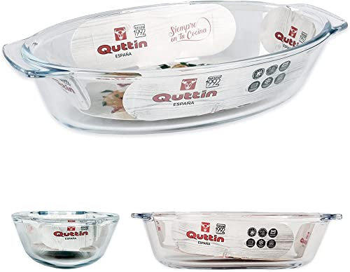 Quttin - Fuente de Vidrio para Cocina, Borosilicato Cristal, Ovalada, Microondas Horno Congelador y Lavavajillas, 23.8 x 12.9 x 5.7 cm - 725 cc