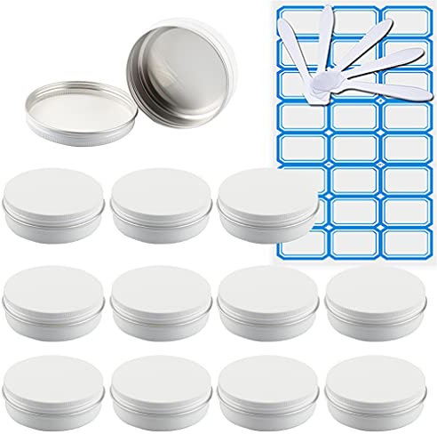 ZEOABSY Pack of 10, Empty 100ml White Aluminium Tins with Screw Lids Round Cosmetics Pots Containers Storage Jars for Lip Balm DIY Candle Salve Powder Crafts with 5 Spatula, 1 Label
