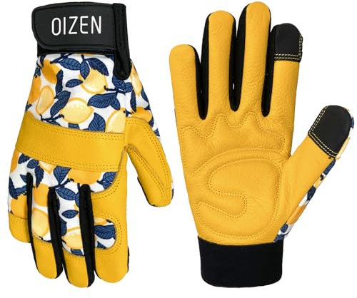 OIZEN Dornenfeste Gartenhandschuhe aus Rindsleder für Damen und Herren, Touchscreen-kompatible Arbeitshandschuhe für Unkrautjäten, Graben, Pflanzen, Gartengeschenke für Frauen (Gelb, 1 Paar, M)