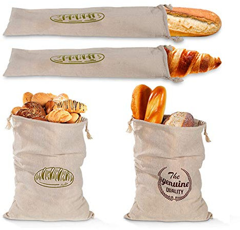 RTWAY 4 Pieces Linen Bread Bags, Drawstring Bread Storage Bag Reusable Homemade Bread Storage Bags and Baguette Bread Bags Organic Linen Bread Bags
