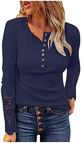 Blingko Adventskalender Spitzen Oberteile Damen Casual Einfarbig Sweatshirt Basic V-Ausschnitt Tops Tunika Blusen Longshirt Langarm Oberteil T-Shirt A-Line Shirt Kuschelig Basic Hemd