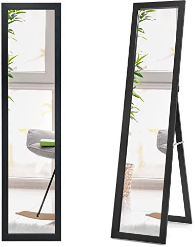COSTWAY 2 IN 1 Ganzkörperspiegel, Standspiegel und Wandspiegel mit Holzrahmen, Ankleidespiegel 37 x 155cm, Garderobenspiegel für Schlafzimmer, Wohnzimmer und Eingangsbereich (Schwarz)