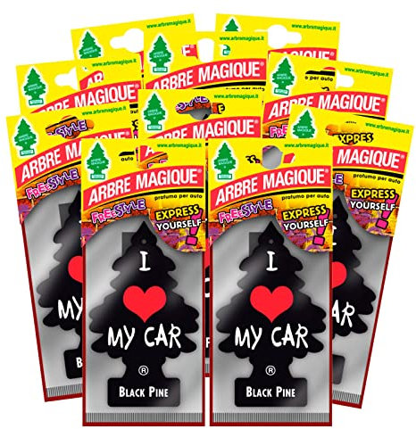 Arbre Magique Mono, Auto-Lufterfrischer Black Pine, dynamischer und energetischer Duft, hält bis zu 7 Wochen, Made in Italy, Packung mit 10 Stück