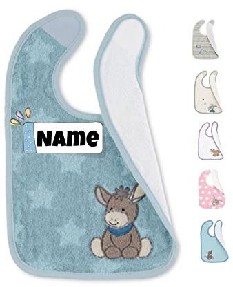 Sterntaler Lätzchen Baby mit Name personalisiert | bestickt mit Namen | Lätzchen mit Klettverschluss | personalisiert | Baby Latz | Babylätzchen (Emmi Esel Stern mittelblau)