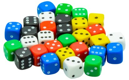 Multi Coloured D6 Dice Pack (30) - 10mm Small 6 Sided Dice in 6 Mixed Colours, White, Black, Green, Blue, Red & Yellow