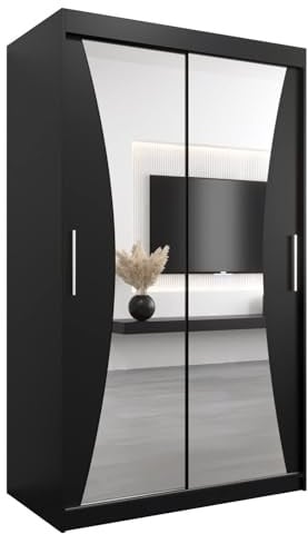 MEBLE KRYSPOL Kleiderschrank mit Spiegel Monaco - Garderobenschrank - Schrank Schlafzimmer - Mehrzweckschrank Zwei Schiebetüren - Regalen - Flur Möbel - Kleiderstange Schrank - Allzweckschrank