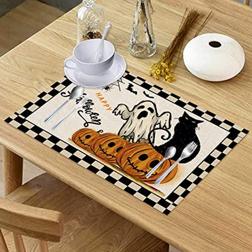 Proumhang 6 STK Halloween Plaid Tischsets,Leinen,Wasserdicht,Hitzebeständig,rutschfest, Waschbar,Tischset für Feiertagsbankett,Esszimmer,Küche,Tisch Dekoration,Stil 4,32cm*42cm