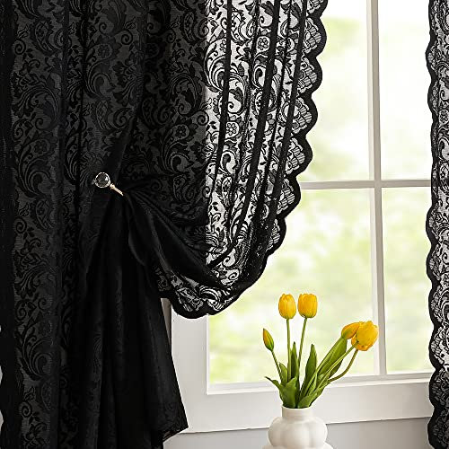 Aligogo, Schwarze Spitzenvorhänge 160 cm lang – viktorianische Vintage-Vorhänge mit floralem Muster, transparente Gothic-Deko für Schlafzimmer oder Halloween, 2 Paneele, 132 x 160 cm, schwarz
