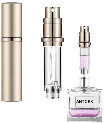 ANTOKX Reiseparfümflasche nachfüllbarer Zerstäuber - 5ML Parfümflasche, Taschenparfümspender, Duftpumpenetui, auslaufsicherer tragbarer Parfümzerstäuber für Frauen und Männer (Gold)