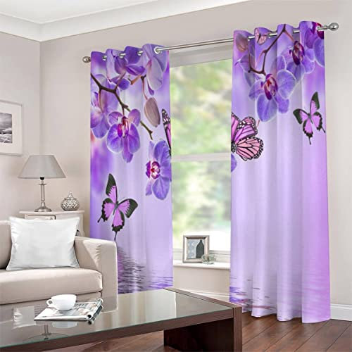 JIARAO Vorhänge mit Ösen 2er Set Blickdichte Vorhänge Tropische Orchidee Verdunkelung Vorhänge Wohnzimmer Modern Gardinen Lila Schmetterling Scheibengardinen mit Schlaufen 183 x 214 cm BxH