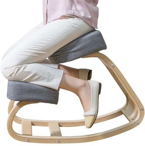 Desky Ergonomic Grey Kneeling Chair – Adjustable Wooden Frame with Cushioned Seat and Knee Pads, Natural Finish, Home Office & Study Support