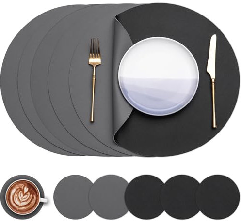 Myir JUN Tischsets 6er Set, Tischsets Abwaschbar Platzsets Rund Ø 38cm Platzdeckchen Rund Doppelseitigen rutschfest Platzsets Kunstleder Leder Tischset Lederoptik (Grau Schwarz, 6er Set)