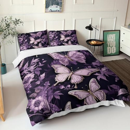 Purple Roses Quilt Cover Duvet Cover 3D Print Elegant Beautiful Butterflies Comforter Covers for Teens And Adults with Zipper Closure Soft Microfiber with Pillow Cases Bedding Set 3 Pieces Double（2
