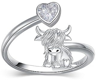 Hochlandkuh Offener Ring 925 Sterling Silber Einstellbare Niedliche Kuh Ringe Flauschiger Hochlandkuh Ring mit Liebevollem Herz Hochlandkuh Highland Cow Schmuck Geschenk für Frauen Mädchen(Größe 8)
