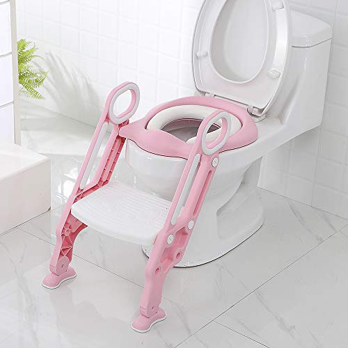 Sedile WC per bambini con scale e maniglie, regolabile in altezza, pieghevole, per WC per bambini, da 2 a 7 anni (bianco rosa)