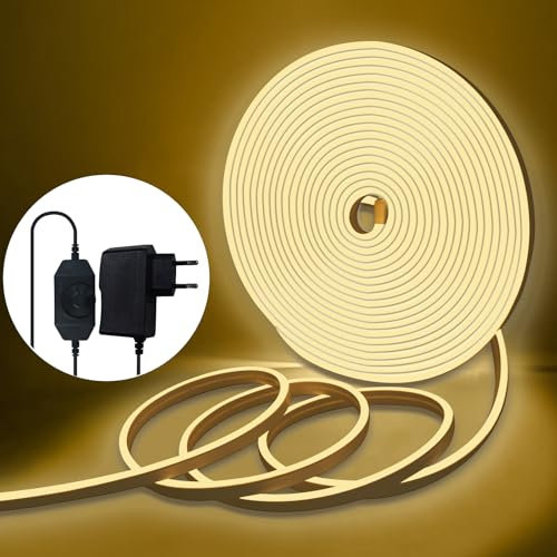 BRIMAX 10M LED Streifen Neon Warmweiss mit Dimmer 1200 Leds DIY-Schneiderei Hochflexibel Led Strip IP65 Wasserdicht LED Band für Patio Küche Schlafzimmer Dekoration 10 Meter mit 24V Netzteil