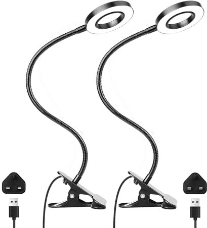 Woputne Desk Clip Lamp with Adapter - 10 Brightness 3 Color Modes Reading Light, LED Lamp for Bedside, Painting, Craft, Study - Clip on Table, Headboard (2 pcs, Black)