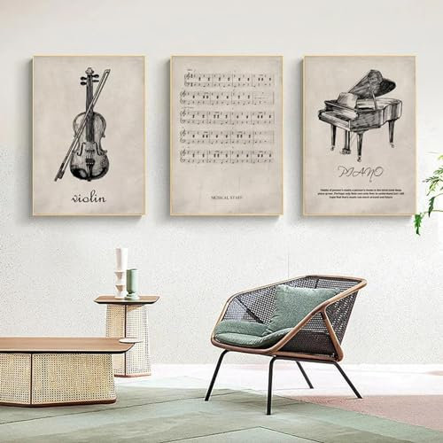 ZHAOLIN Retro-Geige, Klavier, Noten, nordische Poster und Drucke, Leinwandgemälde, Wandkunst, Bilder für Wohnzimmer, Heimdekoration, 50 x 70 x 3 cm, rahmenlos