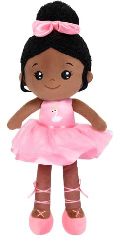 OUOZZZ Baby Puppe, Weiche Stoffpuppe mit Kleidung, Afrikanische Puppe Rosa Ballerina Kuschelpuppe für Kinder ab 3 Monaten - Baby Geschenk zur Geburt Mädchen Jungen, 38cm
