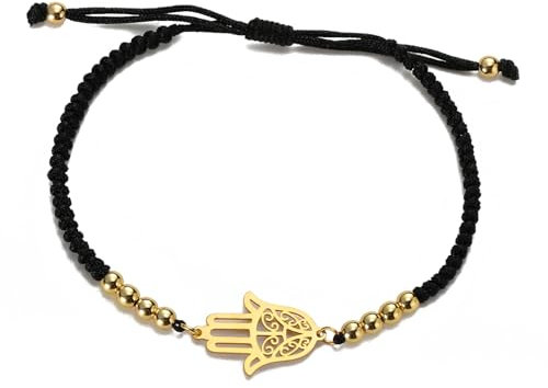UNIFT Hand der Fatima Armband für Frauen Männer Edelstahl Hamsa Fatima Hand mit einer Perle Bunten Weben Verstellbare Armband Talisman Schmuck Geschenk (Gold-B)