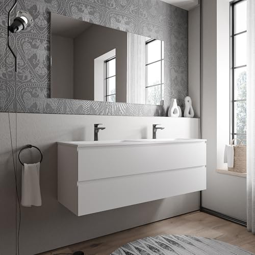 BERNSTEIN Badmöbel-Set Ava 140cm bestehend aus Mineralguss-Doppel-Waschbecken mit Unterschrank in Weiß matt, Waschtisch BRUXELLES - Weiß matt mit Hahnloch, Ideal für große Bäder
