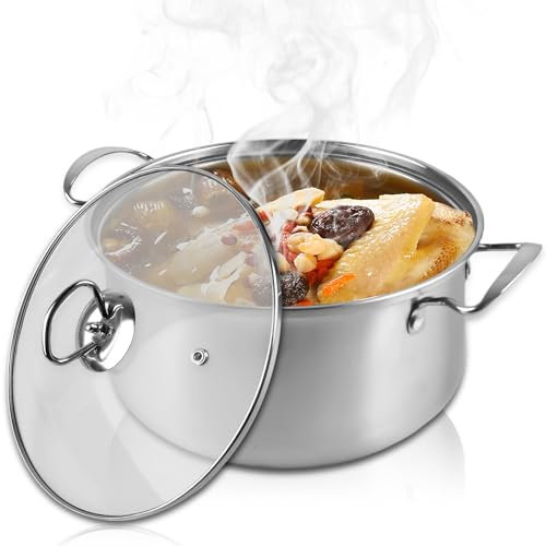 Olla de acero inoxidable para inducción con tapa de cristal, diámetro de 22 cm, olla universal de inducción para todo tipo de cocinas, acero inoxidable pulido y sin revestimiento, saludable y apta