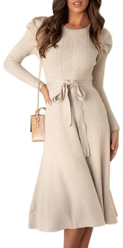 IBAKOM Mujeres Otoño Jersey Vestido Invierno Flaco Punto Manga Larga Cordones Volantes Midi A-Tipo Casual, Beige, L