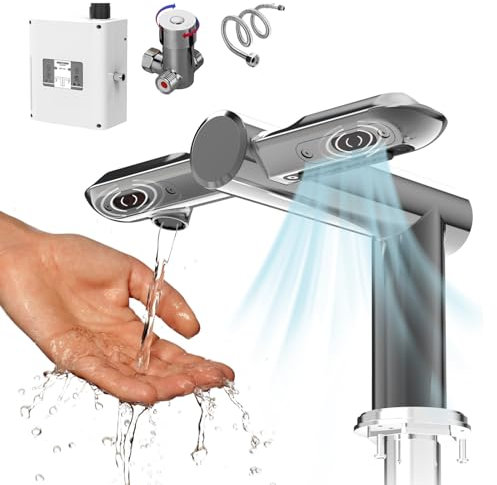 Berührungsloser Waschbecken-Wasserhahn mit Handtrockner, 2-in-1, mit Heiß-/Kalt-Regulierungsventil und Verbindungsschlauch, für Unterbauwaschbecken, spart effektiv Platz im Badezimmer,Grey
