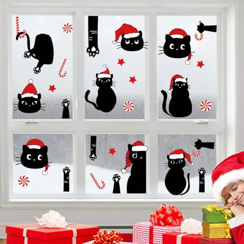 Schwarzer Katzenaufkleber Winter Kinder,Fensteraufkleber Weihnachten Selbstklebend,Fensterbilder Weihnachten,Wiederverwendbar Weihnachtsdeko,Fensterfolie Weihnachten Kinderzimmer (Schwarzer Katzen)