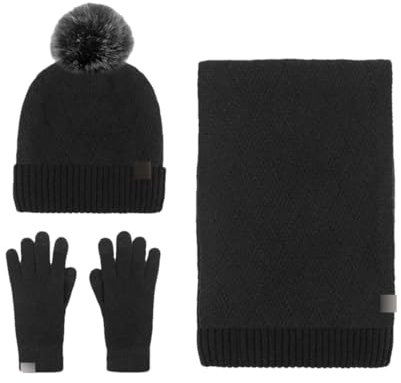 CWCQGH Winter-Set aus Warmer Wollmütze, Schal und Handschuhen für Damen, Zopfmuster-Beanie, Langer Schal, Touchscreen-Handschuhe, 3-in-1-Set (schwarz)