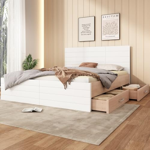 Moimhear Doppelbett Holzbett Bettanlage 140×200cm mit 2 Schubladen,Modernes Bett inkl. Bettgestell &Lattenrost-207×80×145cm (L×H×B) Set in Eiche/Weiß(Ohne Matratze) (140×200cm)