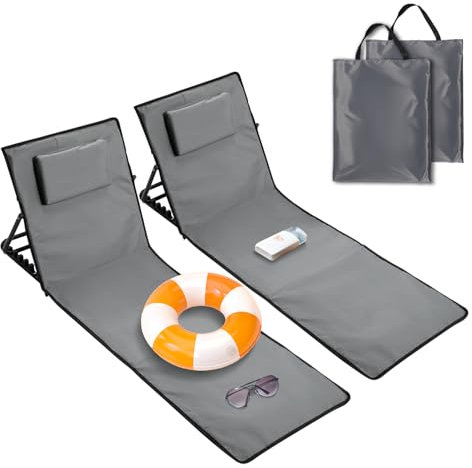 Ollewiellan 2X Strandliege Klappbar Leicht,Strandmatte mit Rückenlehne mit Kissen und Staufach,Sonnenmatte Faltbar für den Strand inkl.Tragetasche,Strandstuhl klappbar,Grau L145cm