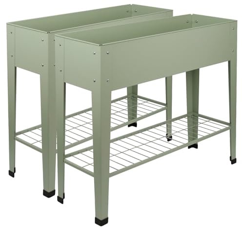 Harbour Housewares Elevated Raised Garden Beds with Legs & Storage Shelf - Green - 2X Metal Raised Bed Galvanised Steel Planter Box for Growing Outdoor Plants, Vegetables, Flowers and Herbs