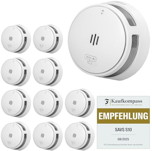 SAVS S10 Stand-Alone-Rauchwarnmelder - Integrierte Rauchmelder 10 Jahre Batterie - Optischer Doppelsensor - Fernbediente Mute-Funktion - Schlankes & Modernes Design - 10er Set
