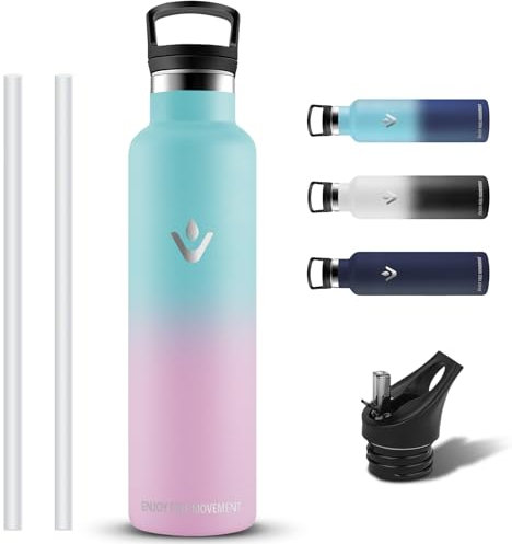 Botella Agua Acero Inoxidable- 1 litro- Botella Agua, A Prueba de Fugas, Botella con Pajita, Botella sin Bpa, Mantiene 24H Frio/12H Calor, Botella Agua para Deportes, Cámping, Senderismo, Gimnasio