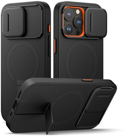 SURITCH Magnetic Case Compatible with iPhone 15 pro, Shockproof Protective Cover with Slide Camera Cover and Adjustable Kickstand(Black)