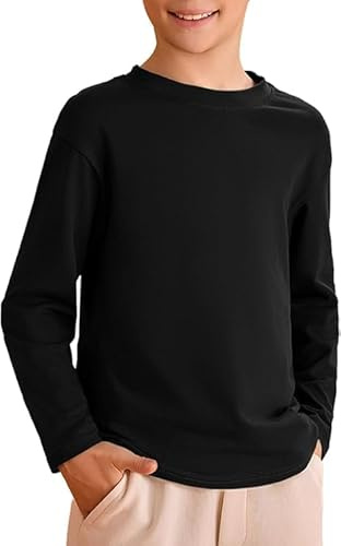 Haloumoning Boys' T-Shirt Kids Long Sleeve Crew Neck Plain Basic Shirt Leisure Sports Tees Tops 5-14 Years, Black, 13-14 Jahre
