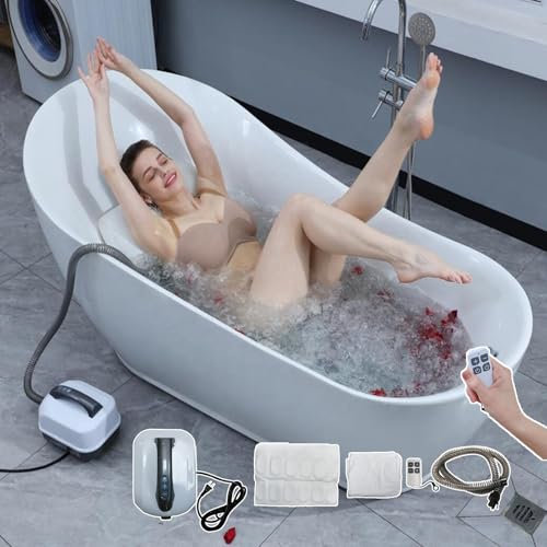 DRFGHK Bath Spa Massage Mat- 6 Gear Adjustment, Home Surfing Mat, Waterproof Anti-Slip Mat W/Inflatable Pillow & Remote, Powerful Air Pump, 114 Jets, Improve Sleep