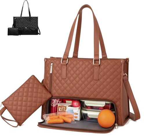 Sac fourre-tout déjeuner 2 en 1 pour femme, ensemble de 2 sacs à déjeuner, sac à main pour ordinateur portable de 15,6 pouces avec compartiment isotherme anti-fuites, sac fourre-tout élégant pour le