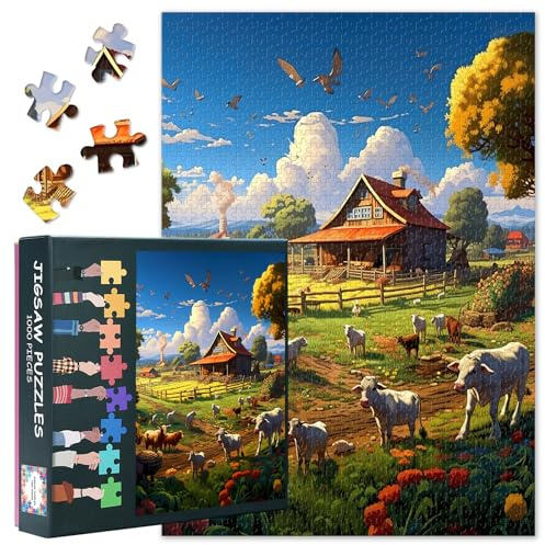 1000 Stück Bauernhof Mit Kühen Jigsaw Puzzles Kühe Auf Einer Grünen Wiese Spaß Puzzle Für Erwachsene Familienspiele Dekompression Herausforderndes Jigsaw Puzzle Als Geschenk Für Freunde 50cmx70cm
