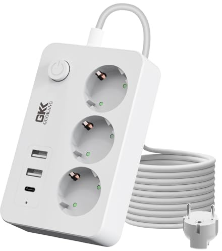 6-in-1 Steckdosenleiste 3 EU-Steckdosen und 3 USB-Ports 13A 3250W | mit 1.8m Kabel & Schalter 2 USB-A & 1 USB-C 5V-2.4A, 13A 3250W–Perfekt für Küche, Bad & Wohnheim
