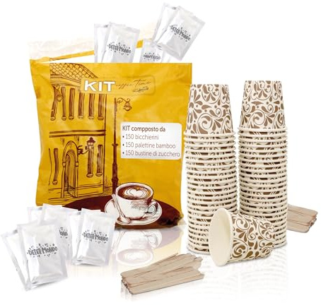 DETERMONDO Kit 450 Pezzi con 150 Bicchierini da Caffè 150 Palette in Legno e 150 Bustine di Zucchero, Usa e Getta Biodegradabili 75 ml, Tazzine Caffè Espresso Monouso Compostabili Ecologiche in Carta