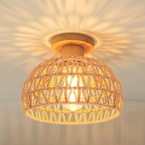iDEGU Vintage Deckenleuchte Ø25cm Kronleuchter aus Holz Rattan Lampenschirm Industrielle Deckenlampe Retro E27 Beleuchtung Dekoration für Schlafzimmer, Wohnzimmer, Flur, Bar, Restaurant (Cremeweiß)