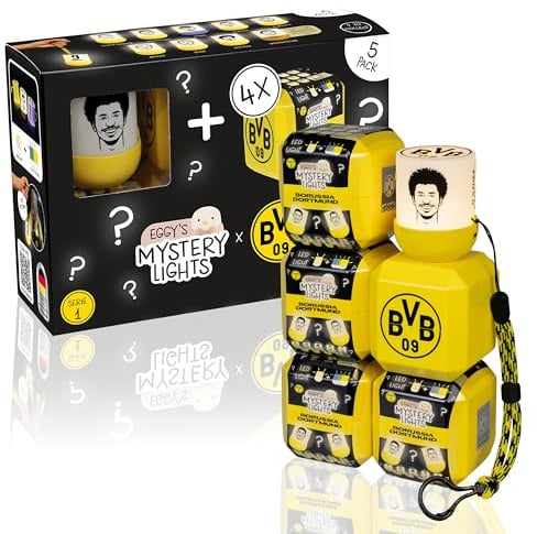 MegaLight Blind Box Mini Nachtlichter 5er Pack | BVB Fanartikel Kinder | Adeyemi + 4 aus 9 per Zufall | USB-C AKKU | wiederaufladbar | Borussia Dortmund Fanartikel | EGGY'S Mystery Lights BVB