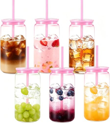 Yisituo Bicchieri di plastica da 500 ml con coperchio e cannucce, riutilizzabili, senza BPA, per frullati, bevande calde/fredde, cola, succhi di frutta, soda, confezione da 6 (6, rosa chiaro)
