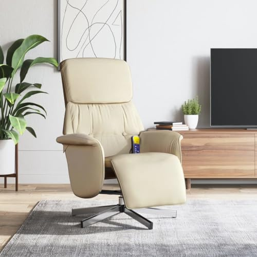 Owoxanthellate Fauteuil de massage, crème, 71 x 91 x 105 cm, avec massage vibrant à 6 points, dossier réglable jusqu'à 125°, pivotant à 360°, TV, fauteuil relax, en tissu, pour salon, maison, bureau