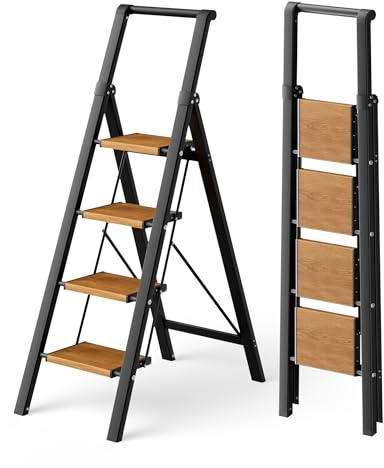 ATTESTIERER Trittleiter 4 Stufen mit Handlauf,klappbar,150kg Kapazität mit Anti-Rutsch-Pedal,Tragbarer Alu Tritthocker,einfach zu verstauen,Innen- und Außenbereich,ästhetisches Aussehen,Schwarz Holz