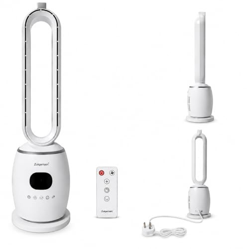 A2Z Bladeless Tower Fan White with Remote Control Slim Design LED Display 3 Speeds 3 Modes Sleep Natural Normal 60 Degree Oscillation 12 Hour Timer Gentle Airflow for Bedroom Home Office Nursery